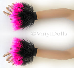 Black Hot Pink Furry Wrist Cuffs