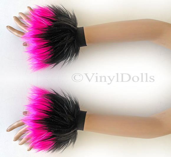 Black Hot Pink Furry Wrist Cuffs